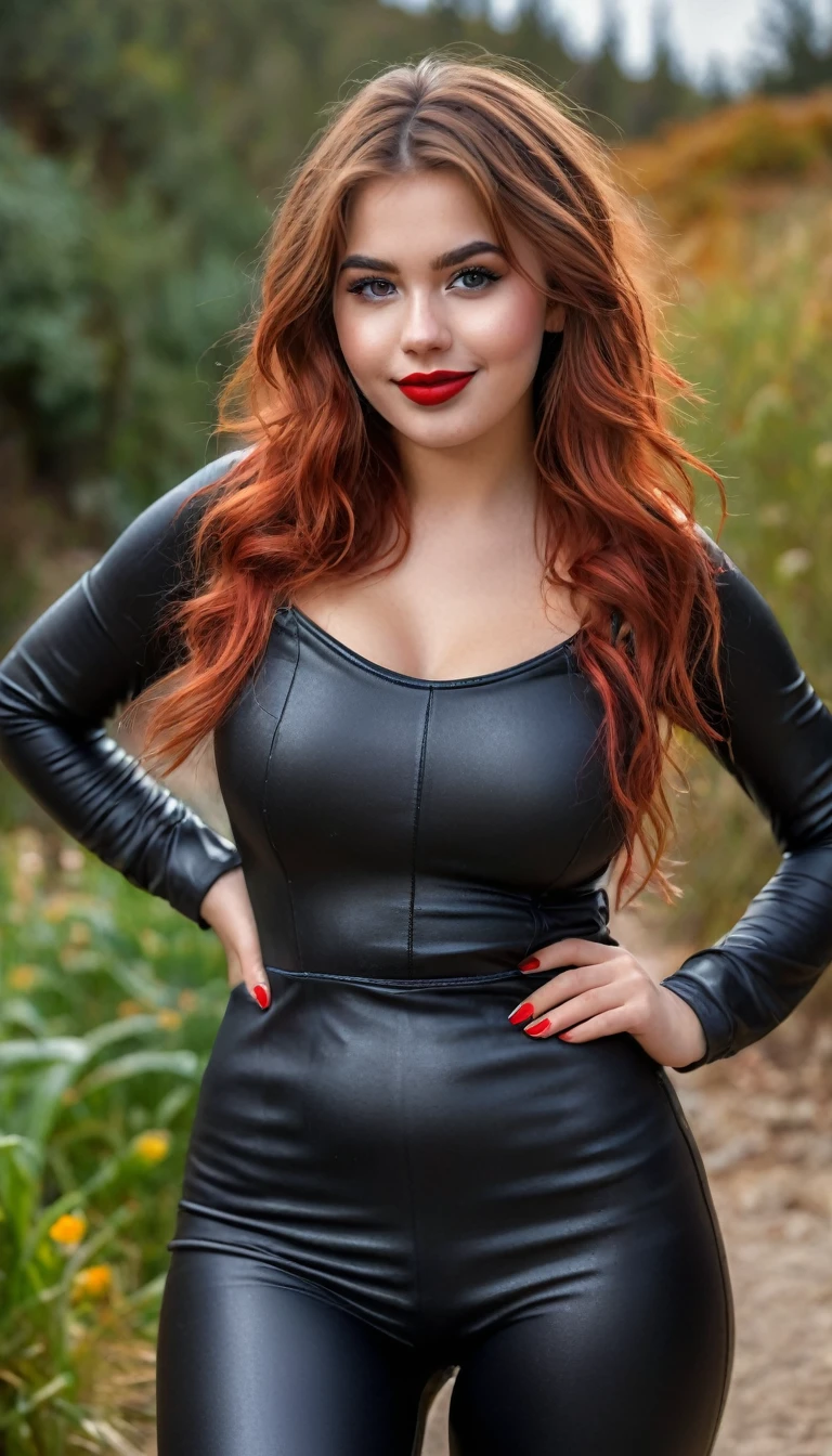 ultrarealistic high quality full body photo of a beautiful super busty slim european 19-year-old woman with cute hyperdetailed serious face and redhead shoulder length messy hair and shy smile, realistic round black eyes, red lips, dark eye makeup with eyeliner, wearing bodycon longsleeve and faux leather leggins, hourglass body, tanned, outdoor photography