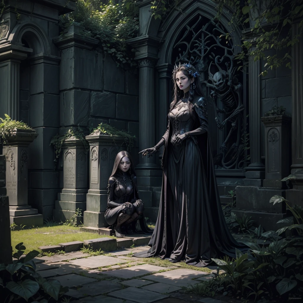 A mysterious dark lady in the center of a mysterious garden, around her some evil goblins, in a corner of the garden a tombstone, a skeletal hand appears from the ground under the tombstone