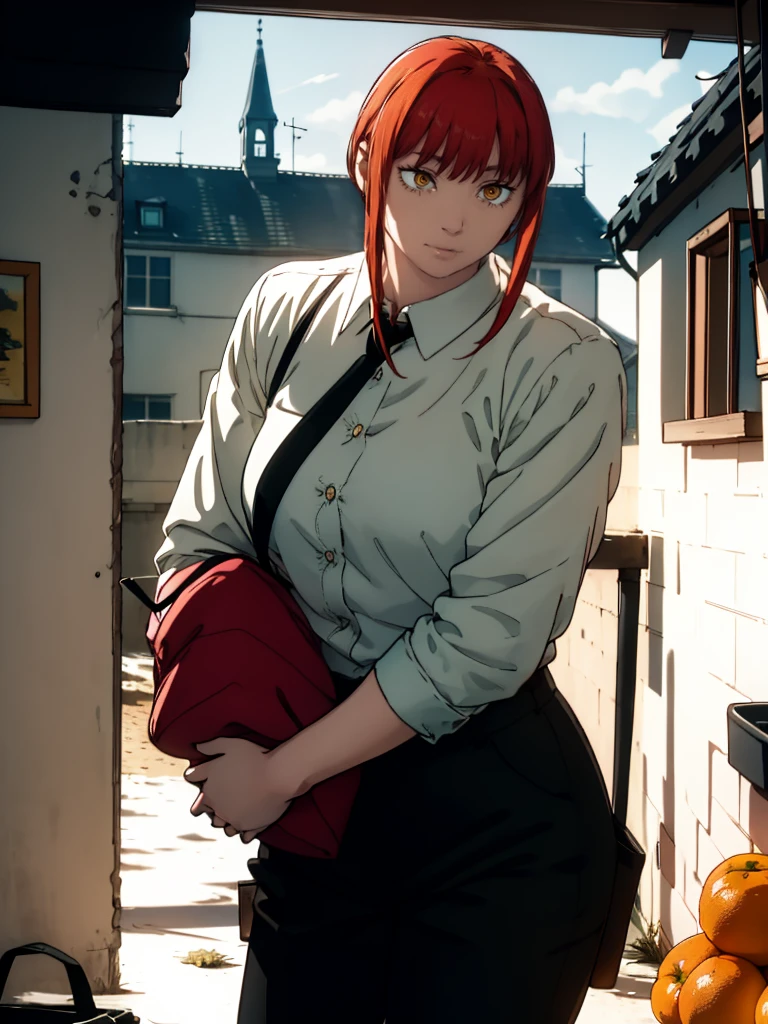 Le personnage Makima de la série animée Chainsaw Man, fragile, obésité morbide, ssbbw, pleine longueur (corps entier 1.1.), fond sombre, obscurité, anatomie correcte 1.1, anatomie correcte de la main, Très féminin, corps gras et rond, grosses Jambes, fesses, beau corps obèse, ventre rond et mou très gras, cheveux roux, Yeux oranges, Cercles rouges pour les écoliers, chemise blanche, jupe noire, cravate noire, pose sexy, réaliste, very détaillé, beau corps, détaillé body, détaillé hands, détaillé, vibrant, détaillé Face, Conception des personnages de Makima. very détaillé, détaillé body, détaillé hands, détaillé Face, Art animé, Hugh Détails, Visage très abattu, détaillé eyes, Illustration ultra fine, Meilleure ombre, détail fin, beautiful détaillé glow, beautiful détaillé, Extraordinairement beau, extremely détaillé, inexpressif, composition épique, Style animé. art animé, Style animé. Jupe noire, chemise blanche, cravatte, pose sexy, yeux jaunes