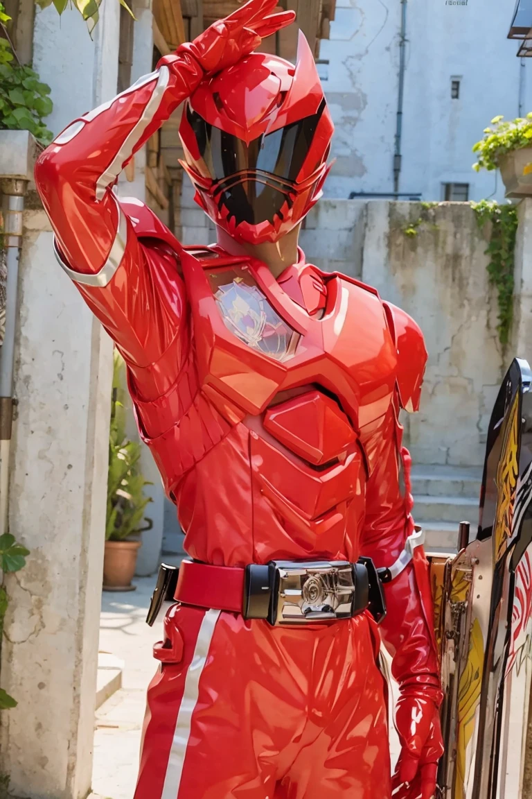 (masterpiece, best quality:1.2), Red Kingohger, Red,Kingohger, red power ranger suit, masked, 1boy, solo