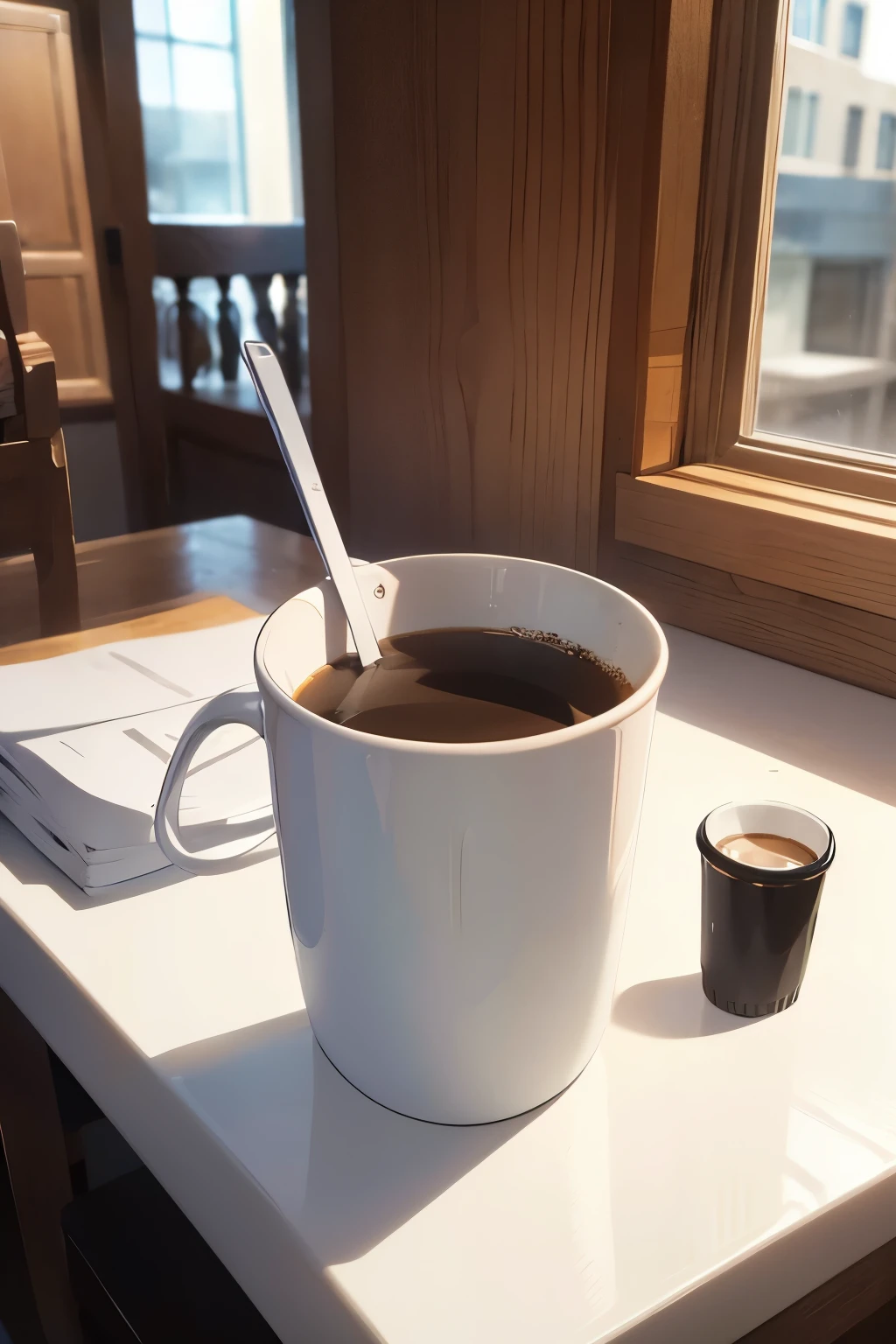 Empty white big cup on the white table, no coffee, background, realistic, 8k