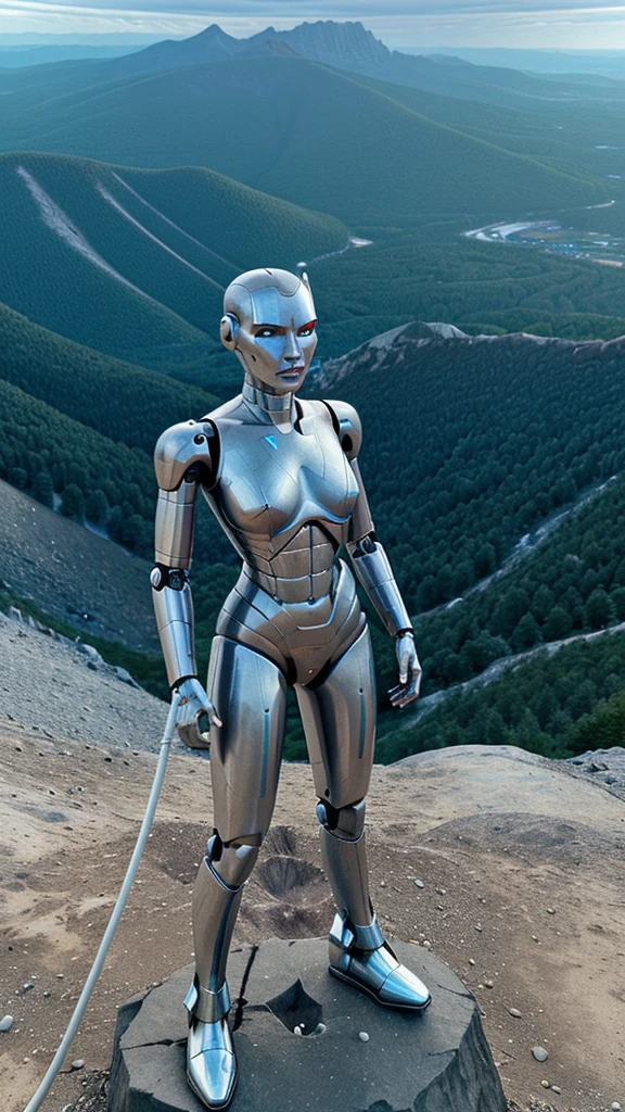 A human robot looking like a terminator with a whip in its hand on top of a mountain thinking about conquering the world