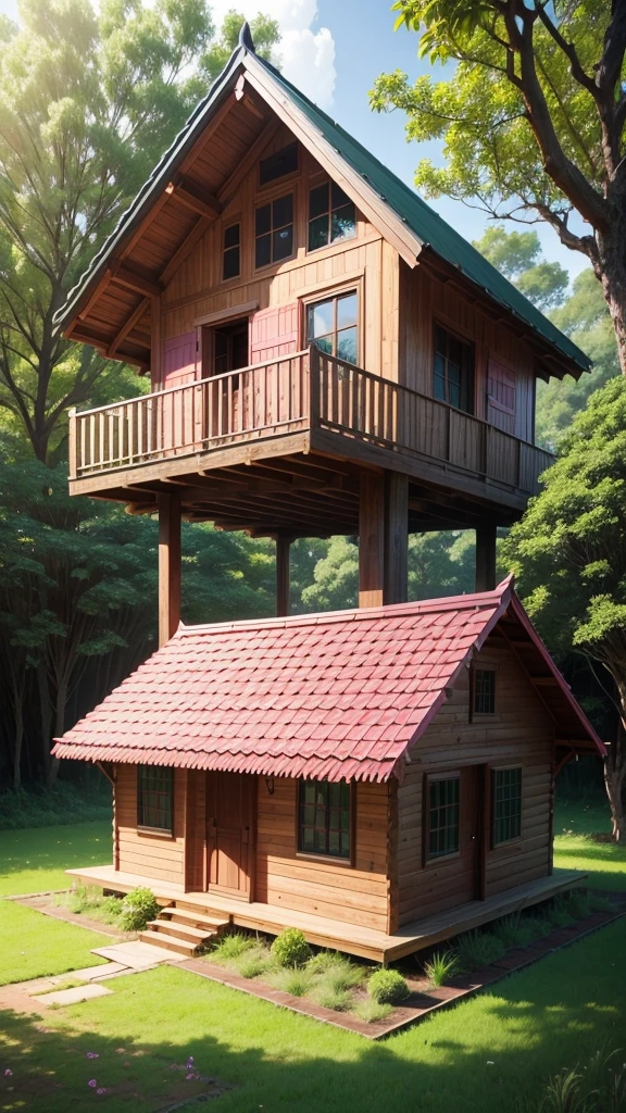 Wooden house made of pink oitao wood with grass and açaí trees 