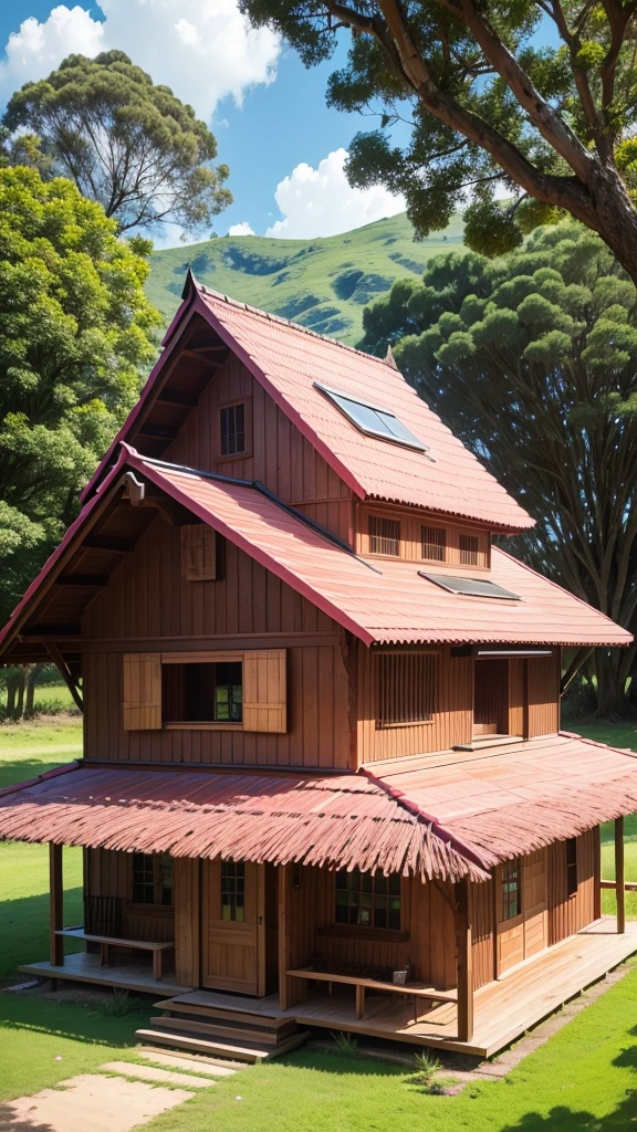 Wooden house made of pink oitao wood with grass and açaí trees 