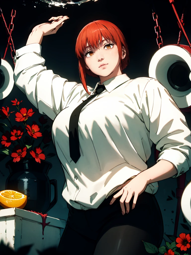 Le personnage Makima de la série animée Chainsaw Man, fragile, obésité morbide, ssbbw, pleine longueur (corps entier 1.1.), fond sombre, obscurité, anatomie correcte 1.1, anatomie correcte de la main, Très féminin, corps gras et rond, grosses Jambes, fesses, beau corps obèse, ventre rond et mou très gras, cheveux roux, Yeux oranges, Cercles rouges pour les écoliers, chemise blanche, jupe noire, cravate noire, pose sexy, réaliste, very détaillé, beau corps, détaillé body, détaillé hands, détaillé, vibrant, détaillé Face, Conception des personnages de Makima. very détaillé, détaillé body, détaillé hands, détaillé Face, Art animé, Hugh Détails, Visage très abattu, détaillé eyes, Illustration ultra fine, Meilleure ombre, détail fin, beautiful détaillé glow, beautiful détaillé, Extraordinairement beau, extremely détaillé, inexpressif, composition épique, Style animé. art animé, Style animé. Jupe noire, chemise blanche, cravatte, pose sexy