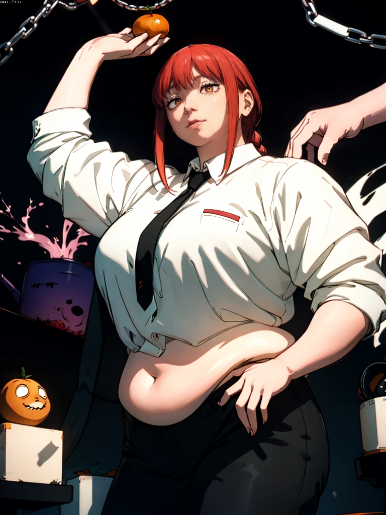 Le personnage Makima de la série animée Chainsaw Man, fragile, obésité morbide, ssbbw, pleine longueur (corps entier 1.1.), fond sombre, obscurité, anatomie correcte 1.1, anatomie correcte de la main, Très féminin, corps gras et rond, grosses Jambes, fesses, beau corps obèse, ventre rond et mou très gras, cheveux roux, Yeux oranges, Cercles rouges pour les écoliers, chemise blanche, jupe noire, cravate noire, pose sexy, réaliste, very détaillé, beau corps, détaillé body, détaillé hands, détaillé, vibrant, détaillé Face, Conception des personnages de Makima. very détaillé, détaillé body, détaillé hands, détaillé Face, Art animé, Hugh Détails, Visage très abattu, détaillé eyes, Illustration ultra fine, Meilleure ombre, détail fin, beautiful détaillé glow, beautiful détaillé, Extraordinairement beau, extremely détaillé, inexpressif, composition épique, Style animé. art animé, Style animé. Jupe noire, chemise blanche, cravatte, pose sexy