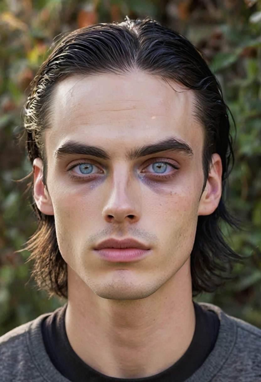 a tall boy, thin with good muscles, His face is thin, He has heterochromia, his left eye is white and his right eye is dark brown., his hair is long and black, He has a scar that starts in the middle of his forehead., cuts down through her white eye and up the middle of her cheek and her lips are plumped.