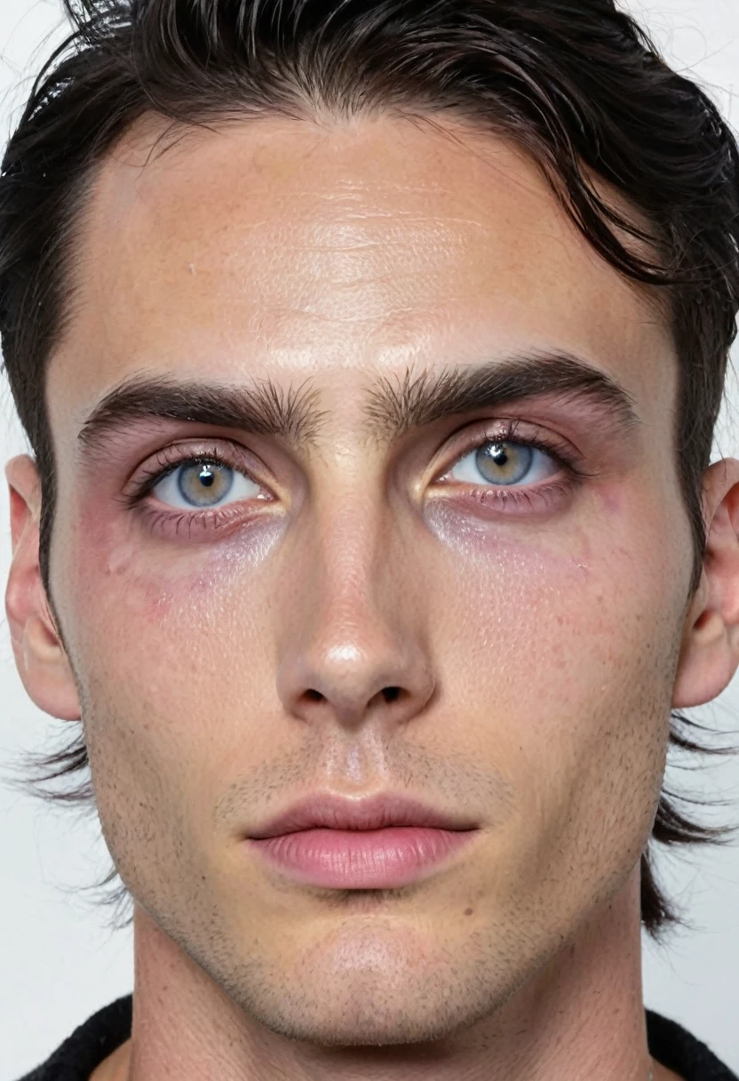 a tall boy, thin with good muscles, His face is thin, He has heterochromia, his left eye is white and his right eye is dark brown., his hair is long and black, He has a scar that starts in the middle of his forehead., cuts down through her white eye and up the middle of her cheek and her lips are plumped.
