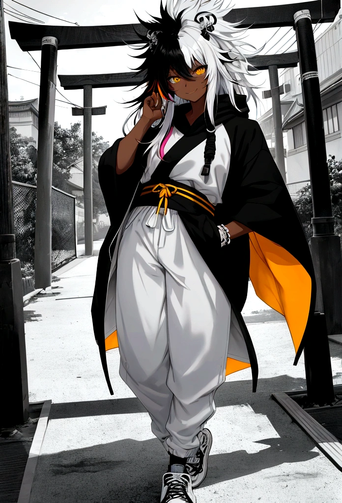 white shirt, wearing a black sweatshirt with silver details , white tennis shoes with black details, black jeans, yellow and black eyes heterochromia, light smile expression, Messy hair ,, 1 men ,Medium length hair multicolored black and white hair ( focus on hair containing only two colors black and white) , two tone hair , dark skin color(focus on dark skin 1.1), in a western setting , with a torii (Japanese traditional gate in front,