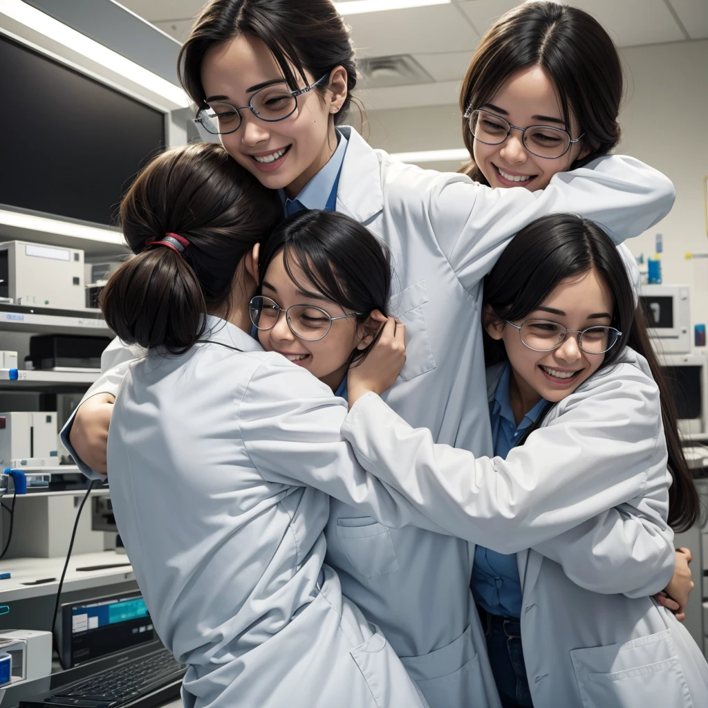 Scientists in lab are happy and jumping hugging each other