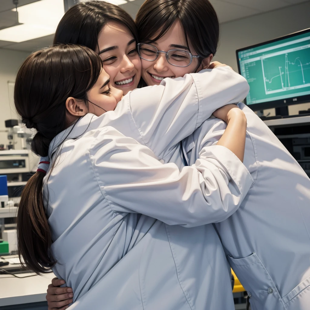Scientists in lab are happy and jumping hugging each other