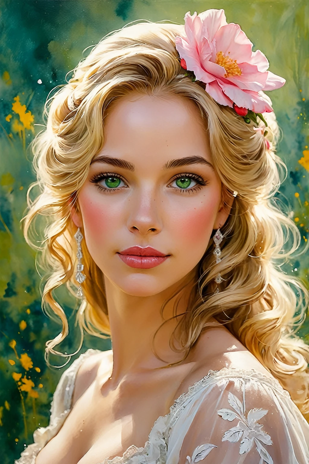 Victorian Hungarian Woman of the 18th century, Blonde hair, Pink lips, Nice feature, Wadim Kashin, james gurney, ink, Splash Art, Amazing beauty , Royo, after sexing, Super detailed splash art modern European oil ink painting, Mid Gorgeous Breasts, Gorgeous Body, oil painting, very detailed Bright Turmaline Green eyes, Blush, Greg Rutowski, (no NSFW).