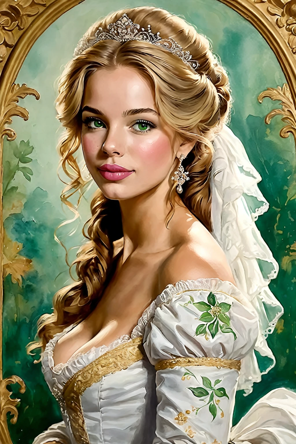 Victorian Hungarian Woman of the 18th century, Blonde hair, Pink lips, Nice feature, Wadim Kashin, james gurney, ink, Splash Art, Amazing beauty , Royo, after sexing, Super detailed splash art modern European oil ink painting, Mid Gorgeous Breasts, Gorgeous Body, oil painting, very detailed Bright Turmaline Green eyes, Blush, Greg Rutowski, (no NSFW).