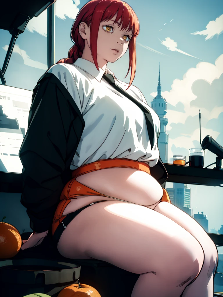 Le personnage Makima de la série animée Chainsaw Man, fragile, obésité morbide, ssbbw, pleine longueur (corps entier 1.1.), fond sombre, obscurité, anatomie correcte 1.1, anatomie correcte de la main, Très féminin, corps gras et rond, grosses Jambes, fesses, beau corps obèse, ventre rond et mou très gras, cheveux roux, Yeux oranges, Cercles rouges pour les écoliers, chemise blanche, jupe noire, cravate noire, pose sexy, réaliste, very détaillé, beau corps, détaillé body, détaillé hands, détaillé, vibrant, détaillé Face, Conception des personnages de Makima. very détaillé, détaillé body, détaillé hands, détaillé Face, Art animé, Hugh Détails, Visage très abattu, détaillé eyes, Illustration ultra fine, Meilleure ombre, détail fin, beautiful détaillé glow, beautiful détaillé, Extraordinairement beau, extremely détaillé, inexpressif, composition épique, Style animé. art animé, Style animé. Jupe noire, chemise blanche, cravatte, pose sexy