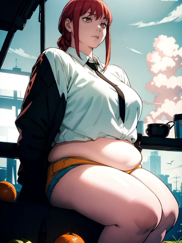 Le personnage Makima de la série animée Chainsaw Man, fragile, obésité morbide, ssbbw, pleine longueur (corps entier 1.1.), fond sombre, obscurité, anatomie correcte 1.1, anatomie correcte de la main, Très féminin, corps gras et rond, grosses Jambes, fesses, beau corps obèse, ventre rond et mou très gras, cheveux roux, Yeux oranges, Cercles rouges pour les écoliers, chemise blanche, jupe noire, cravate noire, pose sexy, réaliste, very détaillé, beau corps, détaillé body, détaillé hands, détaillé, vibrant, détaillé Face, Conception des personnages de Makima. very détaillé, détaillé body, détaillé hands, détaillé Face, Art animé, Hugh Détails, Visage très abattu, détaillé eyes, Illustration ultra fine, Meilleure ombre, détail fin, beautiful détaillé glow, beautiful détaillé, Extraordinairement beau, extremely détaillé, inexpressif, composition épique, Style animé. art animé, Style animé. Jupe noire, chemise blanche, cravatte, pose sexy