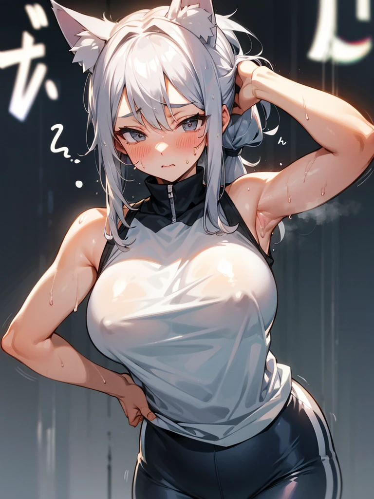 big girl,silver hair,exercise clothes,Sweating,smells of sweat,Clothes wet with sweat,Show your armpits,animal ears,