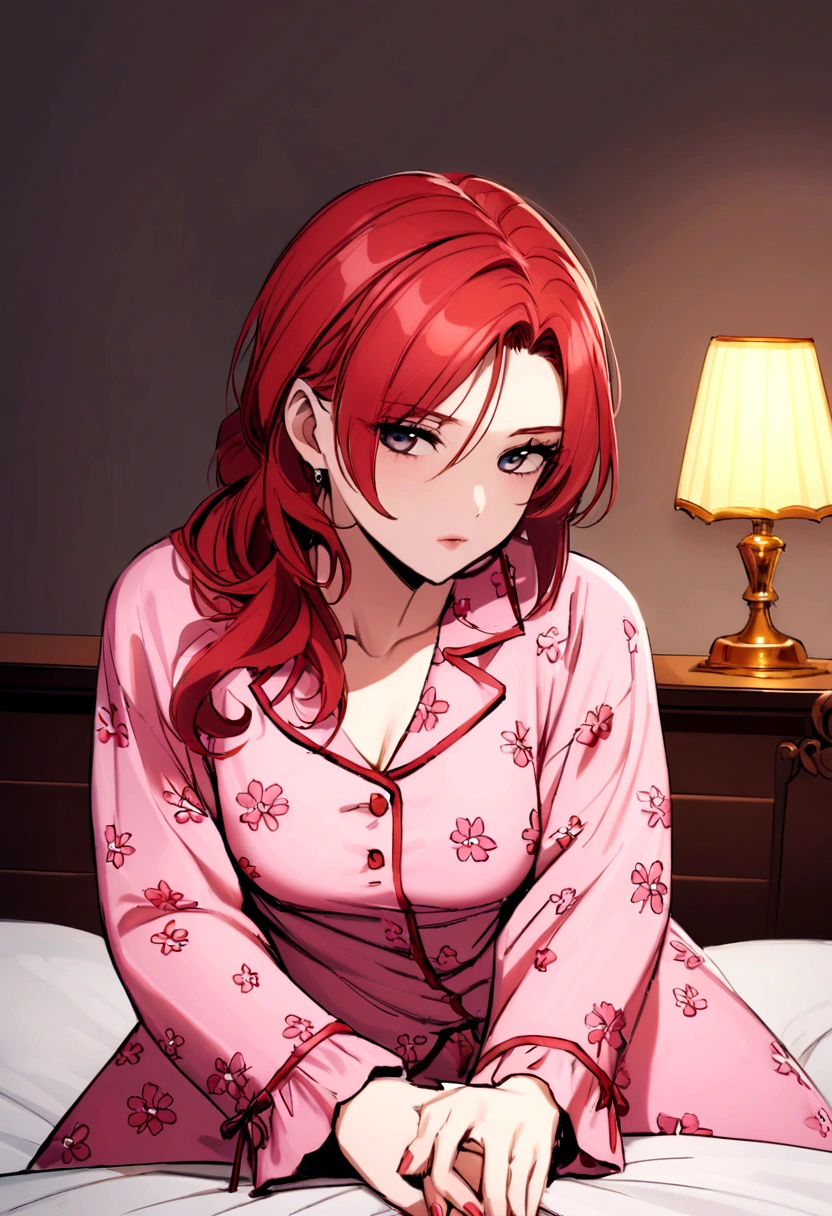 There is a woman sitting on a bed wearing a pink floral pajamas, red-haired girl, beautiful red-haired woman, red-haired woman, young red-haired girl, short bright red hair, red hair and attractive features, Anna Nikonova aka Newmilky, red-haired girl, redhead, beautiful woman, posing in bed, red head, with short red hair, posing in a room