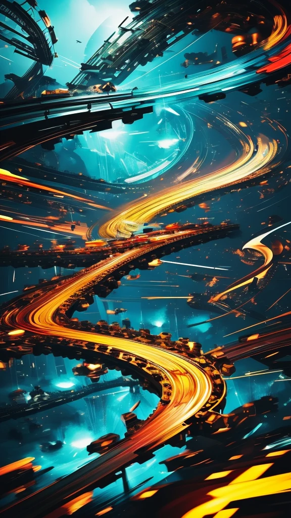 This image is supposed to show the perpetual motion machine in action.. The painting needs to convey endless movement and energy.. A perpetual motion machine can be represented as a complex mechanical structure., It consists of various gears, Levers and other elements. It is important to convey a sense of balance and consistent movement of all parts of the mechanism.. The background is neutral.、It can also reflect themes of energy and movement.。, for example, Use bright colors and abstract shapes. It is important to convey the idea of perpetual motion and infinite energy..