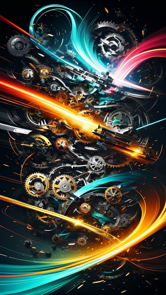 This image is supposed to show the perpetual motion machine in action.. The painting needs to convey endless movement and energy.. A perpetual motion machine can be represented as a complex mechanical structure., It consists of various gears, Levers and other elements. It is important to convey a sense of balance and consistent movement of all parts of the mechanism.. The background is neutral.、It can also reflect themes of energy and movement.。, for example, Use bright colors and abstract shapes. It is important to convey the idea of perpetual motion and infinite energy..