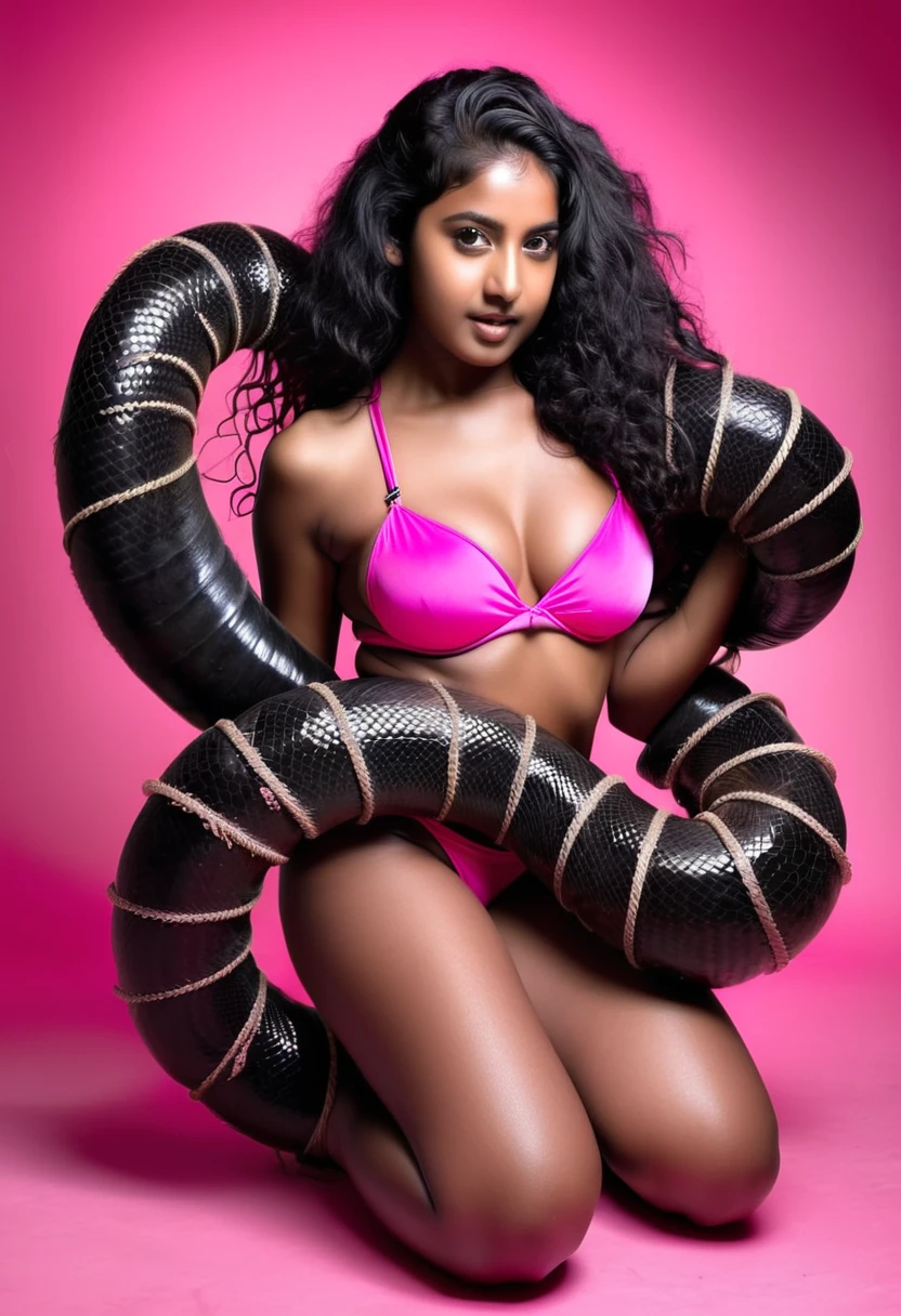 Pink bikini Happy Horny, aroused 1girl), beautiful kneeling Indian young girl with giant colossal black titanboa squeezing her hard, wrapped in thick spiraling coils, constricted, struggle, gasping for air, snake attack, snake peril, moonless night, dim light