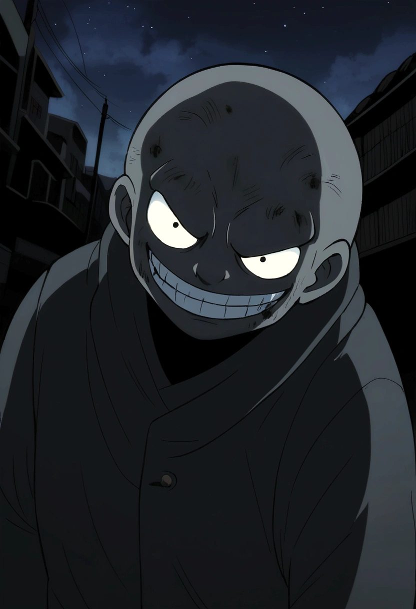 a strange man, man with scary smile, holding a black bag, dim light, dirty street, dark sky, Sky without stars, anime style draw
