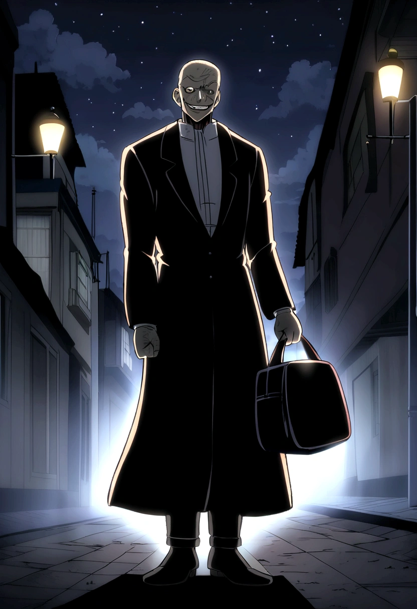 a strange man, man with scary smile, holding a black bag, dim light, dirty street, dark sky, Sky without stars, anime style draw