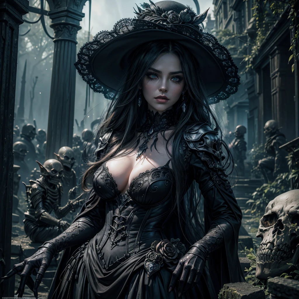 A mysterious dark lady, beautiful detailed eyes,beautiful detailed lips,extremely detailed eyes and face,longeyes,lashes,dark dress,mysterious garden,evil goblins,tombstone,skeletal hand,emerging from ground,best quality,4k,8k,highres,masterpiece:1.2,ultra-detailed,realistic,photorealistic,photo-realistic:1.37,HDR,UHD,studio lighting,ultra-fine painting,sharp focus,physically-based rendering,extreme detail description,professional,vivid colors,bokeh,dark fantasy,dark art,horror