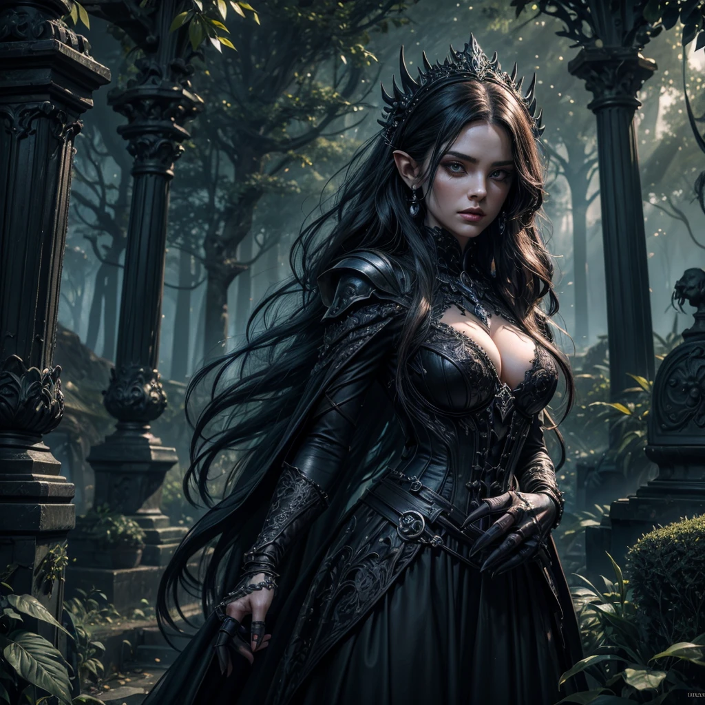 A mysterious dark lady, beautiful detailed eyes,beautiful detailed lips,extremely detailed eyes and face,longeyes,lashes,dark dress,mysterious garden,evil goblins,tombstone,skeletal hand,emerging from ground,best quality,4k,8k,highres,masterpiece:1.2,ultra-detailed,realistic,photorealistic,photo-realistic:1.37,HDR,UHD,studio lighting,ultra-fine painting,sharp focus,physically-based rendering,extreme detail description,professional,vivid colors,bokeh,dark fantasy,dark art,horror