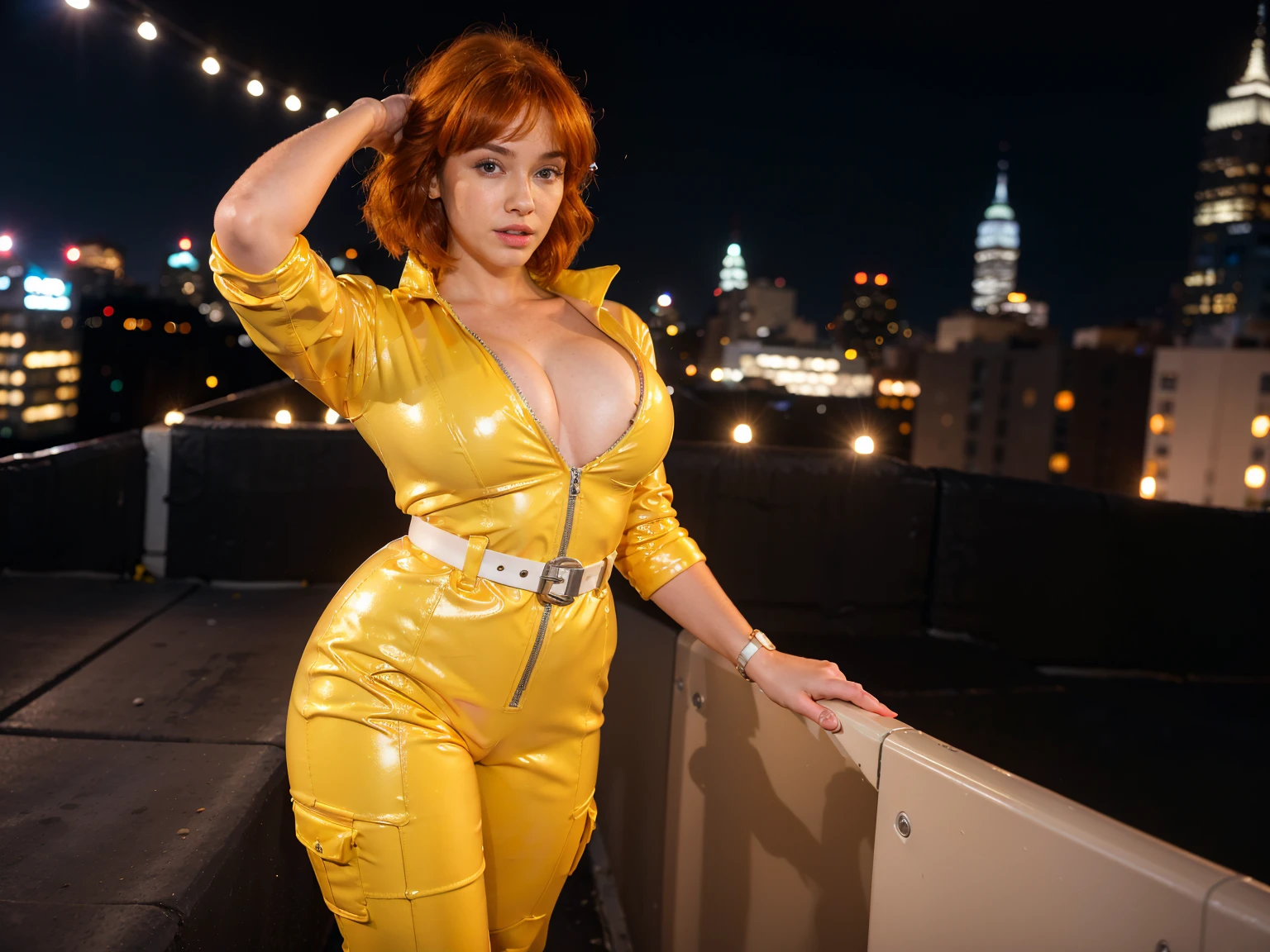 (masterpiece), (best quality), (solo character), (large breasts), (photorealistic:1.4), (chr1sh3n wearing white belt), (apriloneil costume, jumpsuit), (yellow latex jumpsuit), (apriloneil hairstyle), (apriloneil white belt), (apriloneil boots), (aprilonei wearing watch), (epiCRealLife), (lora:epiCFlashPhoto), (red hair), (red lipstick), (brown eyes), (young woman), (flashphoto), (at night), (new york city view), (garden rooftop), (outdoor),(standing), (different poses), (look at viewers), close up)