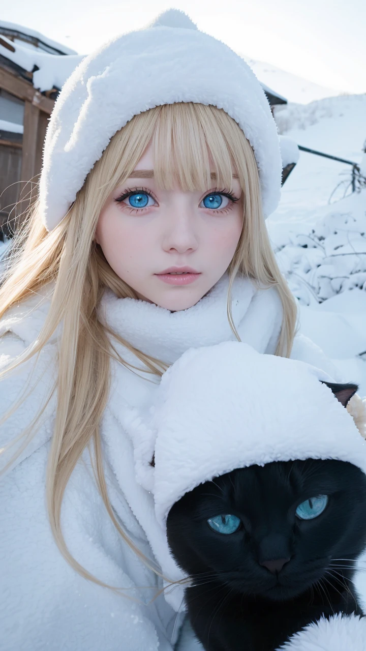 Pale blonde girl with bangs and crystal clear blue eyes, taking photo in the snowing snow with a soviet ushanka and with white sweatshirt and green pants holding his furry black cat 