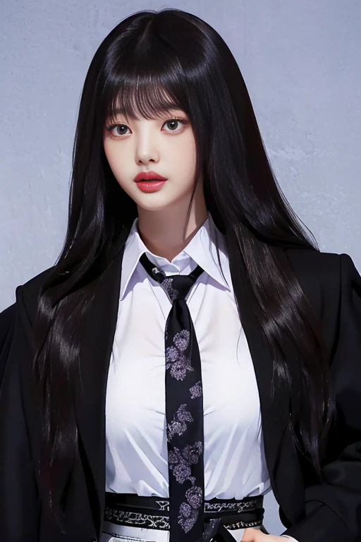 Araffe woman with long hair wearing a black jacket and a white shirt with purple eyes.,big breasts and her mini waist with big hips, jinyoung shin, heonhwa choe, bae suzy, sun yunjoo, Lee Ji Eun, Lee Ji Eun, from my part, janice sung, kim taejin, jia, Shin Min Jeong, kim hyun joo, hwang se-en, leaked image, park from my part