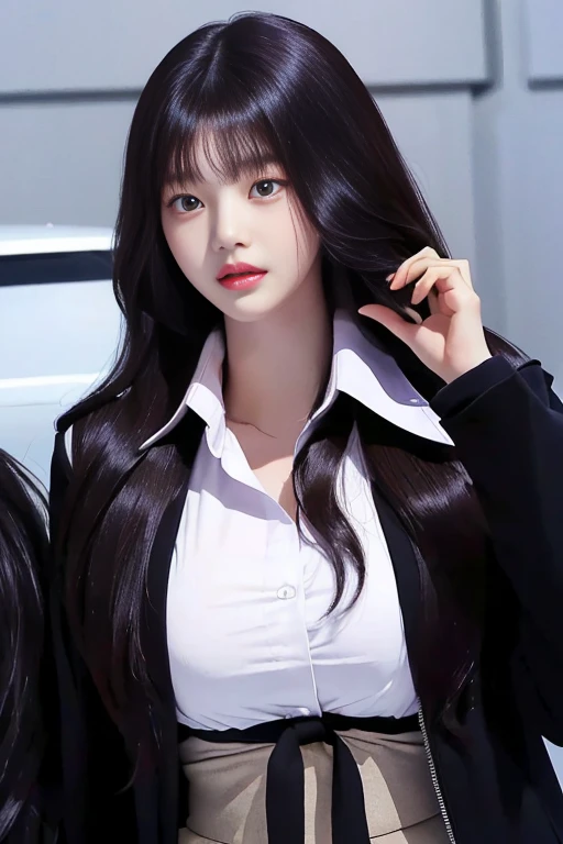 Araffe woman with long hair wearing a black jacket and a white shirt with purple eyes.,big breasts and her mini waist with big hips, jinyoung shin, heonhwa choe, bae suzy, sun yunjoo, Lee Ji Eun, Lee Ji Eun, from my part, janice sung, kim taejin, jia, Shin Min Jeong, kim hyun joo, hwang se-en, leaked image, park from my part