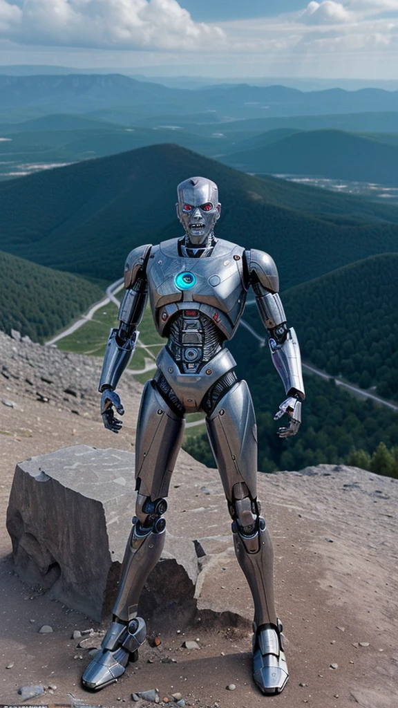 A robot with 80% human skin resembling a terminator with a whip in his hand on top of a mountain thinking of conquering the world