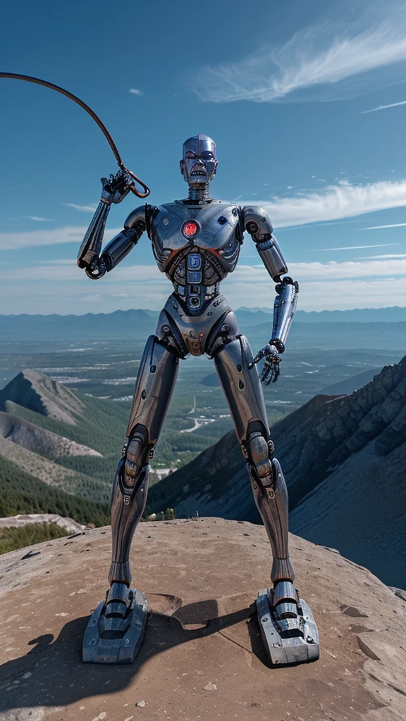 A robot with 80% human skin resembling a terminator with a whip in his hand on top of a mountain thinking of conquering the world 