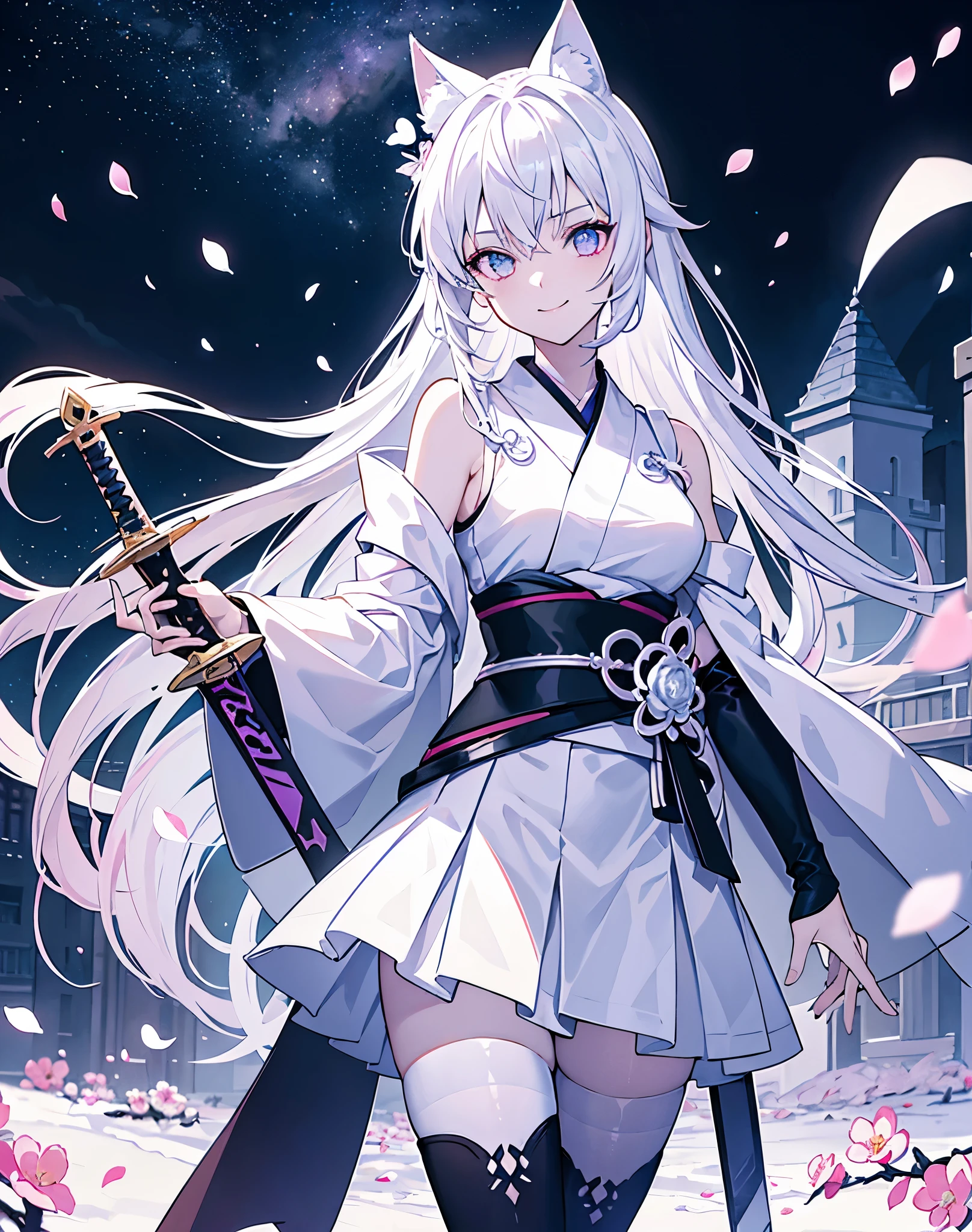 masterpiece, best quality, 1girl, (colorful),(finely detailed beautiful eyes and detailed face),bust shot,extremely detailed CG unity 8k wallpaper,white hair,solo,smile, cool skirt,((flying petal)),night sky, cloudy_sky, building, moonlight, night, (dark theme:1.3), ambient light,fantasy, high contrast hdr, ink strokes, purple and pink tone impression, white pantyhose, ((giant sword, 2 meters long)), studio ufotable style, demon slayer, white hair, ((neko ears)), aesthetic scenery, best Anime of the year, cool eyes, sexy sword in one hand pose, ready to attack, extremely fashion flowers kimono