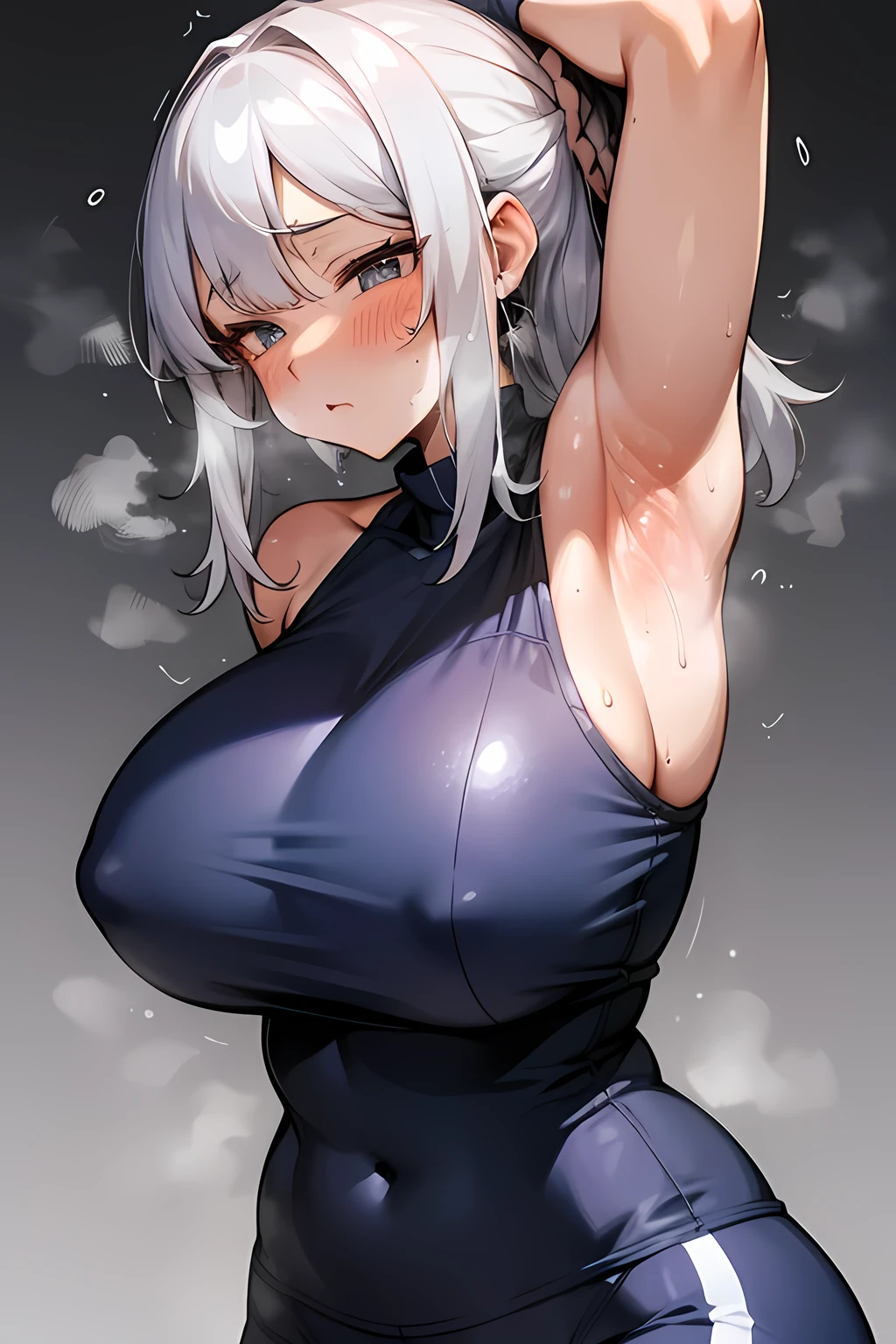 big girl,silver hair,exercise clothes,Sweating,smells of sweat,Clothes wet with sweat,Show your armpits,