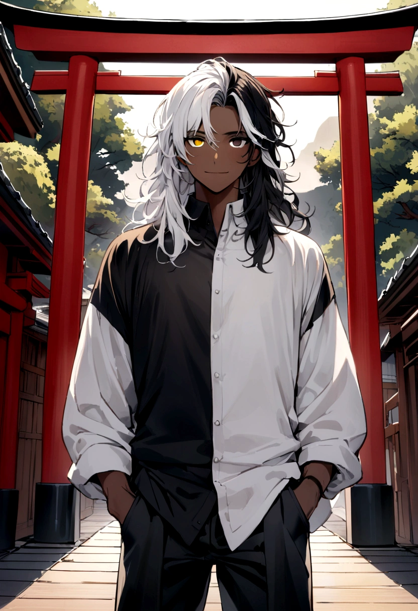 white shirt, wearing a black sweatshirt with silver details , white tennis shoes with black details, black jeans, yellow and black eyes heterochromia, light smile expression, Messy hair ,, 1 men ,Medium length hair multicolored black and white hair ( focus on hair containing only two colors black and white) , two tone hair , dark skin color(focus on dark skin 1.1), in a western setting , with a torii (traditional japanese gate) in front of you,