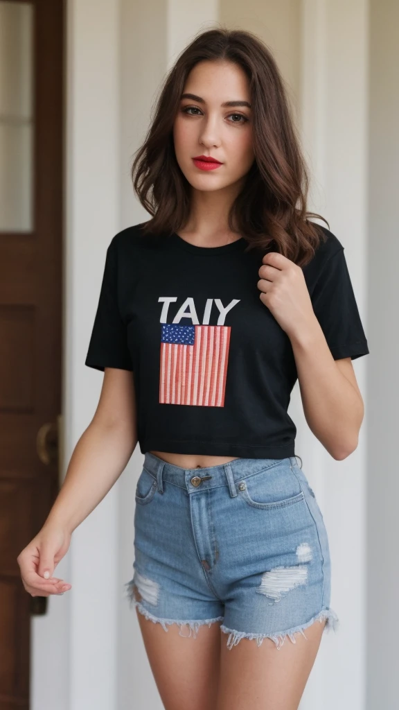 Selfie of a woman, 4th of July T-Shirt, long dark brown hair, black eyes, red lipstick, ultra realistic