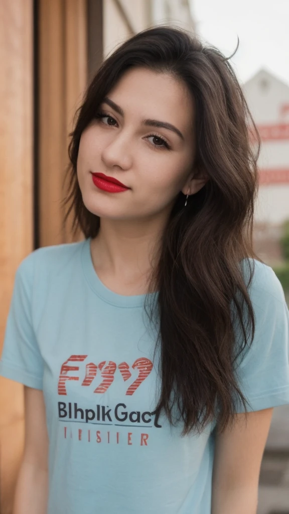 Selfie of a woman, 4th of July T-Shirt, long dark brown hair, black eyes, red lipstick, ultra realistic