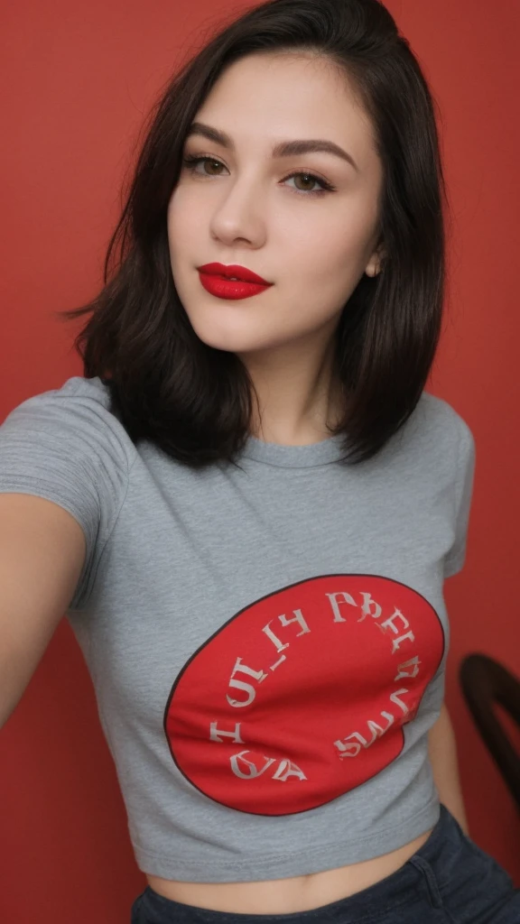 Selfie of a woman, 4th of July T-Shirt, long dark brown hair, black eyes, red lipstick, ultra realistic