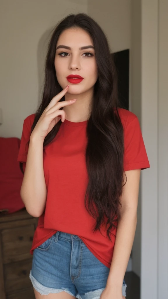 Selfie of a woman, 4th of July T-Shirt, long dark brown hair, black eyes, red lipstick, ultra realistic