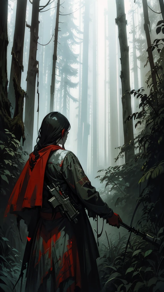 View from the back image, textured Speedpaint of the Red Riding Hood girl holding a machine gun in the forest paint splatter by Jeremy Mann, Carne Griffiths, Junji Ito, Robert Oxley, Ismail Inceoglu, masterpiece, trending on artstation, particles, highly detailed fine art, white ink