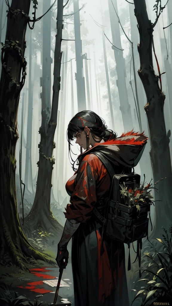 View from the back image, textured Speedpaint of the little Red Riding Hood girl holding a machine gun in the forest paint splatter by Jeremy Mann, Carne Griffiths, Junji Ito, Robert Oxley, Ismail Inceoglu, masterpiece, trending on artstation, particles, highly detailed fine art, white ink