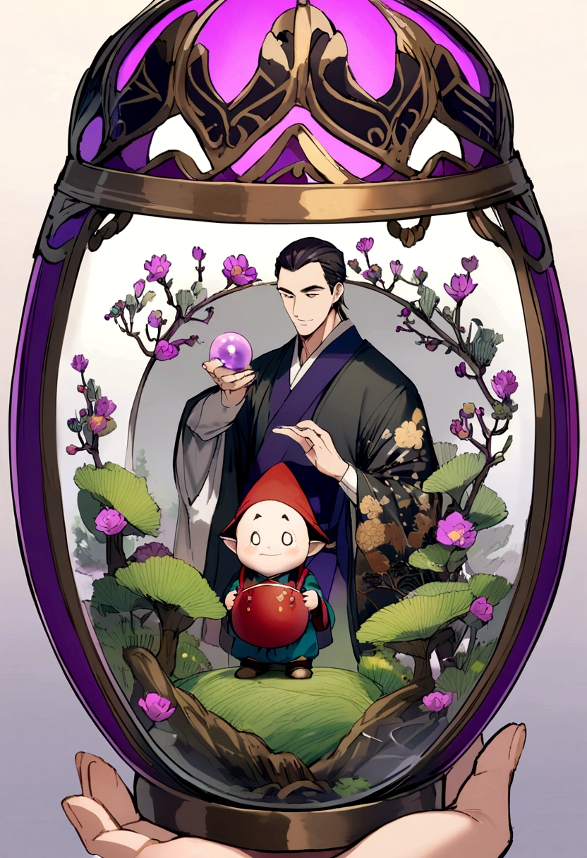 An old Japanese master holding a gnome in a purple magical cage