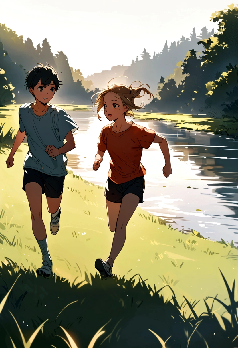 a couple of young teenagers running together on a lawn near a river