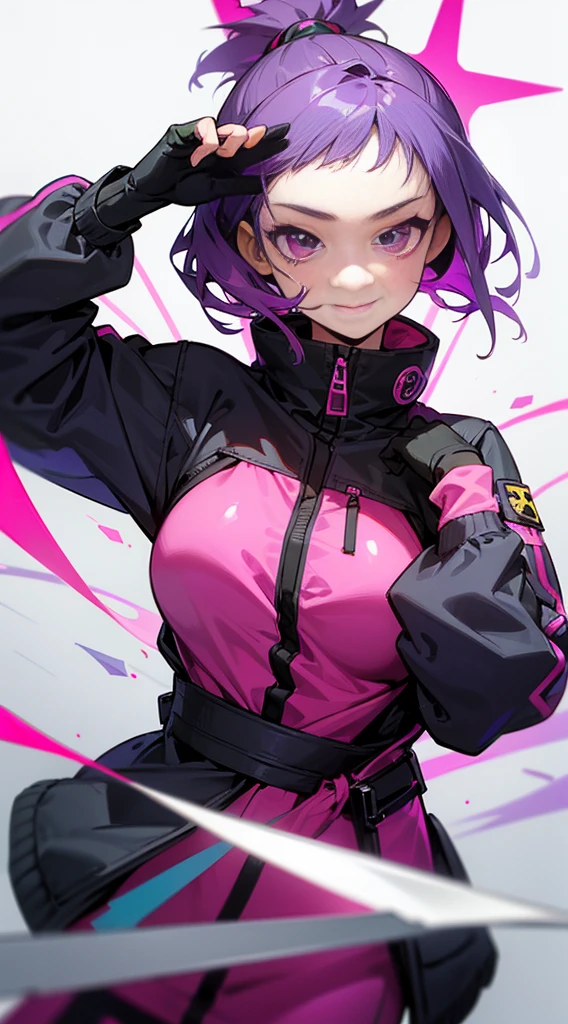 Top Quality, 8K, 4K, High Definition, Detail, (better-quality, 8K, 12), top-quality, 1 girl、only showing her face, she has purple hair, wearing a yellow pin on her right side of her hair, she has her hands together, she looking at you, she is smiling at you, medium breast, her jacket color dark gray with a pink zipper, pink eyes,
katana blade covering half of her face