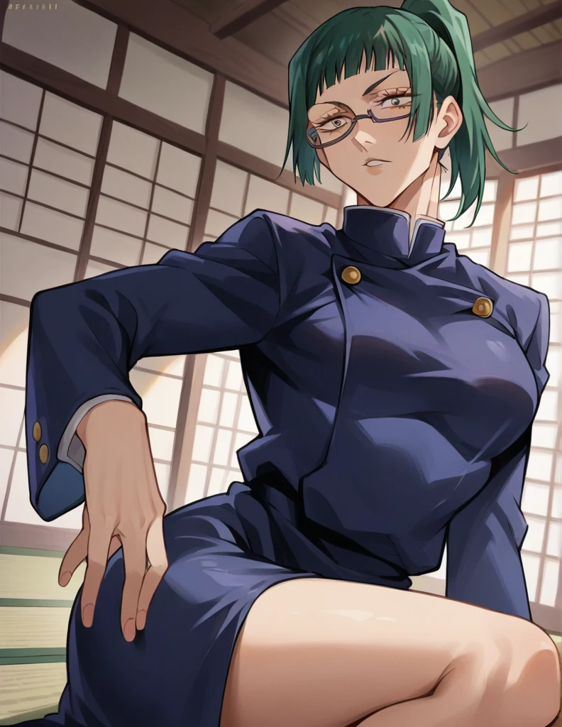 score_9, score_8_up, score_7_up, source_anime,
MakiZenin, Maki Zenin, green ponytail hair, glasses, yellow eyes,
blue tight skirt, blue tight jacket, jujutsu kaisen uniform,
indoors, dojo, seductive pose,
solo, looking at viewer,
