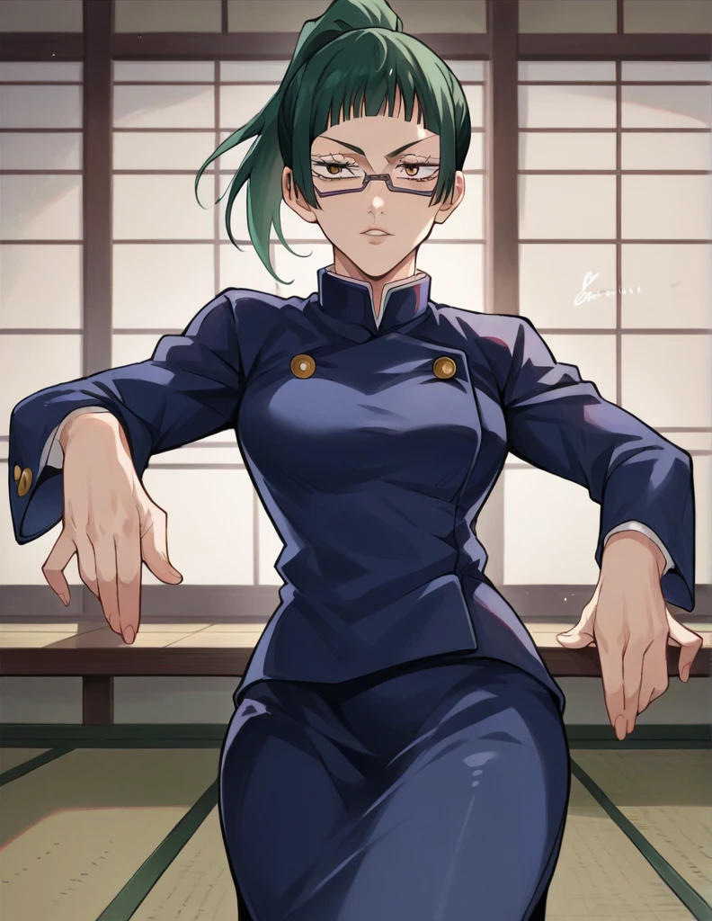 score_9, score_8_up, score_7_up, source_anime,
MakiZenin, Maki Zenin, green ponytail hair, glasses, yellow eyes,
blue tight skirt, blue tight jacket, jujutsu kaisen uniform,
indoors, dojo, seductive pose,
solo, looking at viewer, 