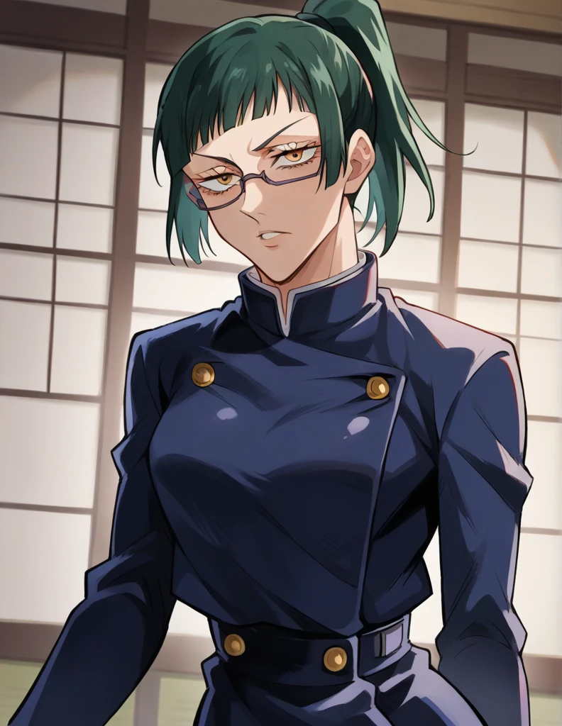 score_9, score_8_up, score_7_up, source_anime,
MakiZenin, Maki Zenin, green ponytail hair, glasses, yellow eyes,
blue tight skirt, blue tight jacket, jujutsu kaisen uniform,
indoors, dojo, seductive pose,
solo, looking at viewer, 