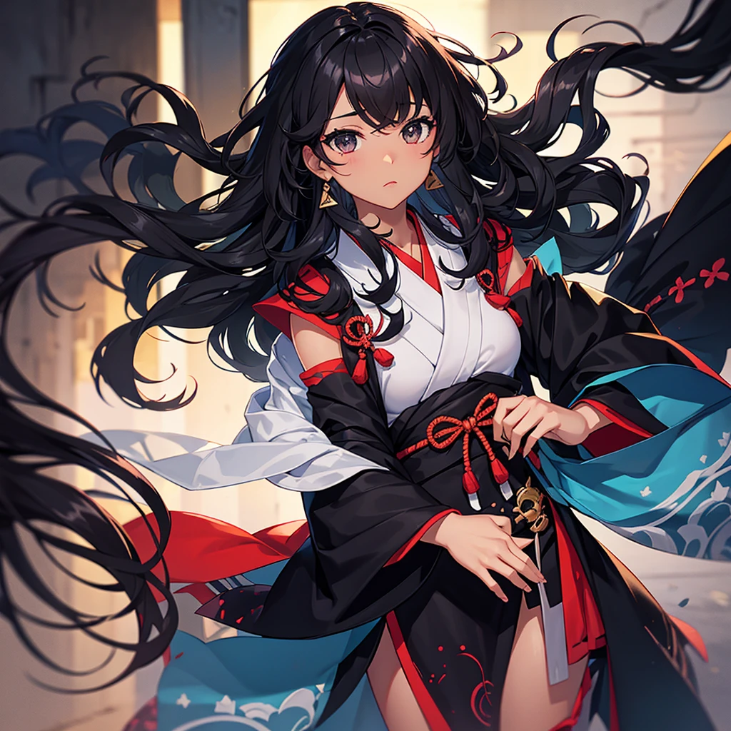 Creates a girl with black and curly hair, black skin, black eyes and the name Mayza wearing a Japanese outfit